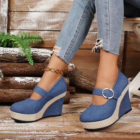 Women's Wedge Heel Mary Jane Shoes Canvas Denim Style Casual Platform Espadrilles With Buckle Strap Comfort Walking Single Shoes
