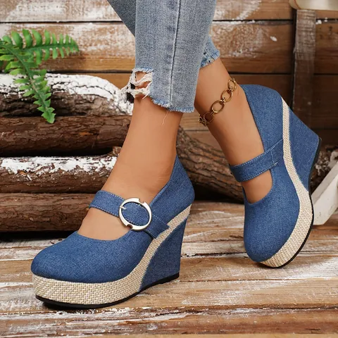 Women's Wedge Heel Mary Jane Shoes Canvas Denim Style Casual Platform Espadrilles With Buckle Strap Comfort Walking Single Shoes