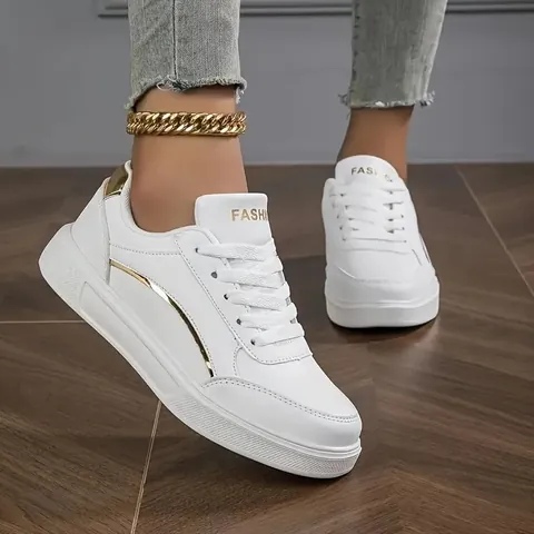 Women's Casual White Sneakers Breathable PU Leather Board Shoes Korean Style Metallic Decor Flat Fashion Walking Shoes For Daily