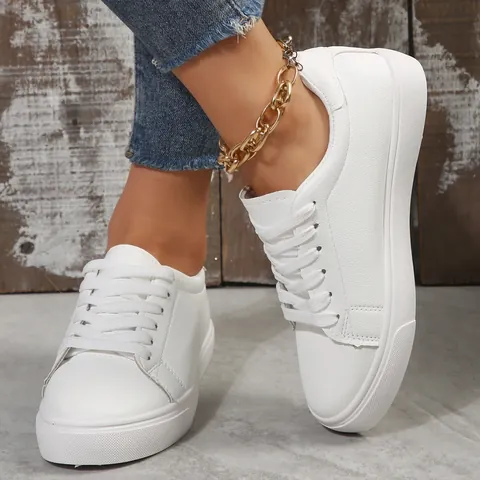 White Casual PU Leather Skate Shoes For Men Women Flat Sneakers Lace Up Low Top Board Shoes Breathable Daily Sport Footwear