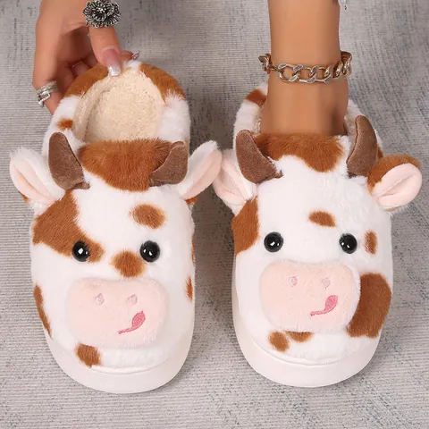 Winter Cow Spotted Plush Slippers Thickened Warm Non-slip Indoor Home Slippers for Women Cute Animal Design Soft Sole Fleece Shoes