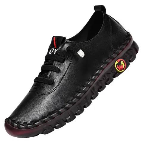 Women's Soft PU Leather Flats Casual Single Shoes Lace-up Breathable Comfort Loafers Plus Size Hand-stitched Rubber Sole Mother Shoes