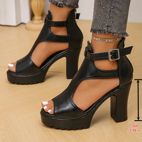 Women Roman Platform Sandals Peep Toe Chunky High Heel Buckle Strap Fashion PU Leather Shoes For Party Banquet Daily