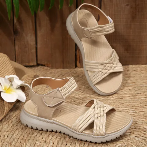 Women's Summer Flat Sandals Round Toe Hook and Loop Woven Strappy Beach Shoes Casual Outdoor Sandals PU Rubber Sole