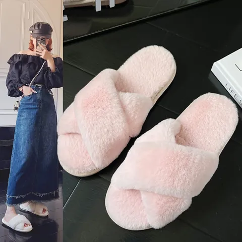 Pantuflas de Piel Sintética con Correa Cruzada para Mujer Zapatos de Casa de Felpa Cálidos Casuales con Punta Abierta de Invierno Planas