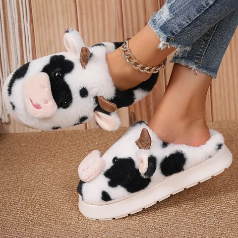 Winter Cow Spotted Plush Slippers Thickened Warm Non-slip Indoor Home Slippers for Women Cute Animal Design Soft Sole Fleece Shoes