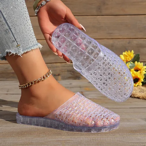 Women's Hollow Out Crystal Jelly Slippers Breathable Thick Sole Non-slip Mules Summer Beach Bathroom Outdoor Sandals Casual Slip-on Shoes