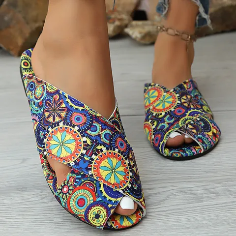 Women's Ethnic Style Flat Sandals Bohemian Mandala Print Criss-Cross Toe Loop Roman Beach Slippers Casual Summer Shoes