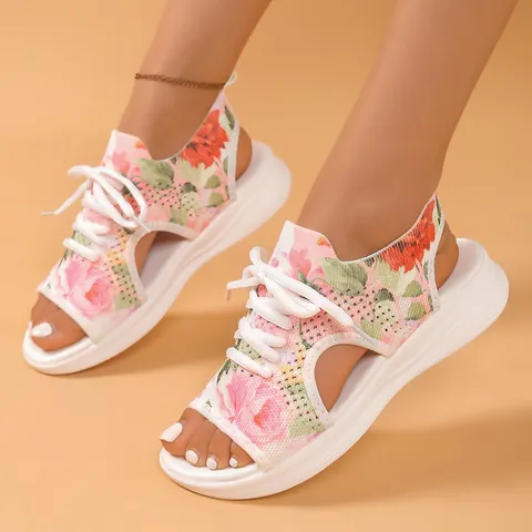 Women Sporty Sandals Colorful Fly-Knit Mesh Open Toe Lace-Up Hollow-Out Lightweight Non-Slip Cushioning Flat Platform Beach Shoes Casual Outdoor Wear