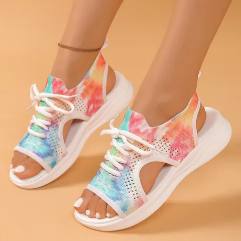 Women Sporty Sandals Colorful Fly-Knit Mesh Open Toe Lace-Up Hollow-Out Lightweight Non-Slip Cushioning Flat Platform Beach Shoes Casual Outdoor Wear