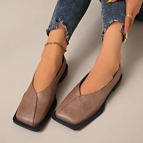 Women French Vintage Square Toe V-Neck Grandma Shoes Comfortable PU Leather Mary Jane Flat Shoes For Daily Casual Office