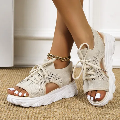 Women's Platform Sport Sandals Flyknit Breathable Hollow Out Sandals For Beach Casual Outdoor Summer Ladies Thick Sole Sandals
