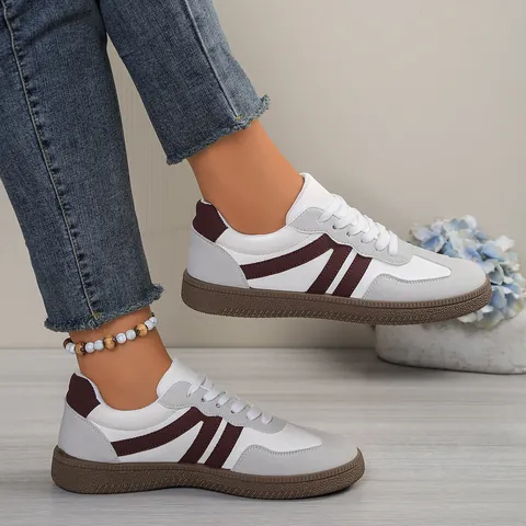 Women's GAT Style Sport Sneakers Plus Size Patchwork Flat Skateboard Shoes Vintage Casual Walking Footwear White Wine Red