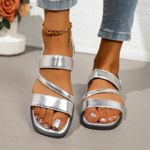 Dames Romeinse Platte Sandalen Casual Kruisband Strandschoenen Met Elastische Achterband Effen Kleur PU Lederen Sandalen