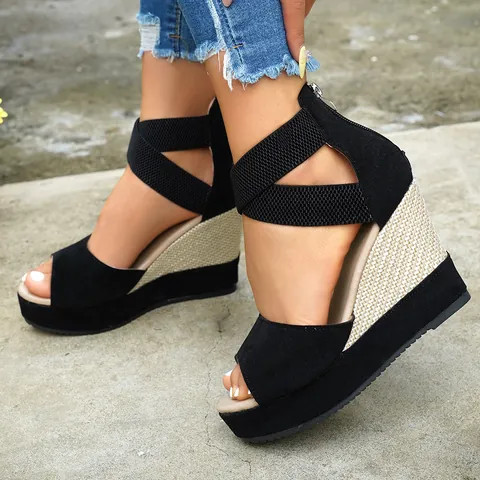 Summer Women Wedge Sandals Suede Platform Peep Toe Espadrille High Heels Back Zipper Cross Straps Black Fashion Leisure Muffin Shoes