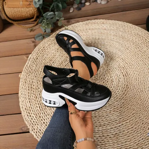 Women Fashion Closed Toe Platform Sandals Korean Woven Cutout Muffin Bottom Velcro Casual Beach Sandals Summer Large Size