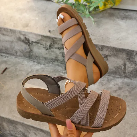 Women Roman Flat Sandals Elastic Band Cross Straps Casual Open Toe Beach Shoes Breathable Lightweight Summer Fashion Outdoor Sandals