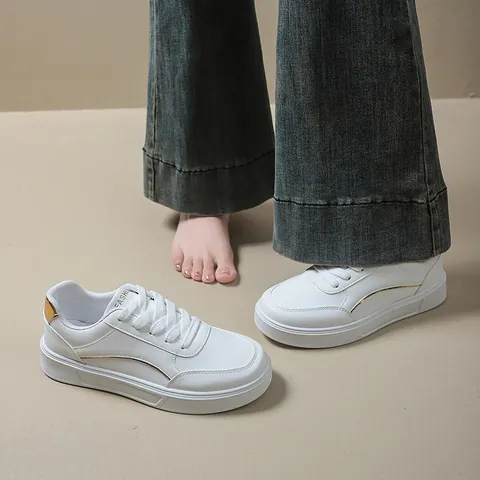 Women Men Casual Sneakers Thick Sole Height Increasing Board Shoes Synthetic Leather Sporty White Gold Walking Shoes