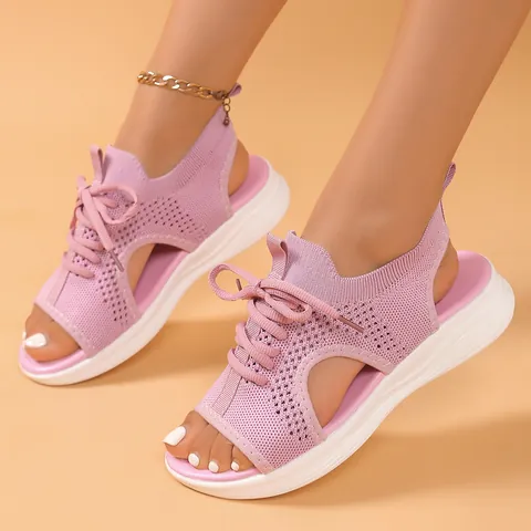 Women's Platform Sport Sandals Fly-Knit Hollow Out Lace-Up Soft Sole Roman Style Plus Size Beach Casual Walking Sandals