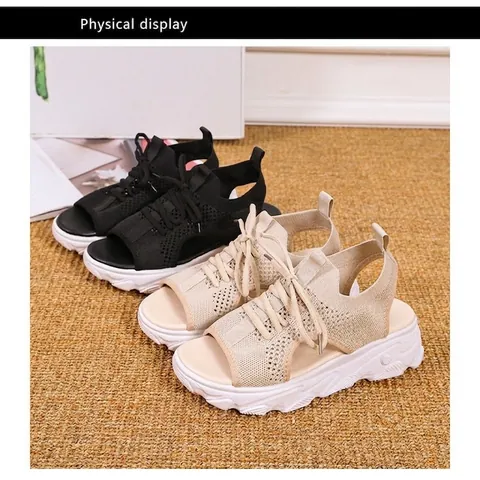 Women's Sports Sandals Thick Sole Fly-knit Mesh Hollow-out Casual Platform Beach Sandals Summer Breathable Wedge Walking Shoes