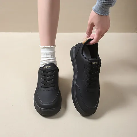 Women's 2025 Spring Autumn Low Top Chunky Platform Sneakers Breathable Round Toe Lace Up Microfiber Leather Casual Skateboard Shoes