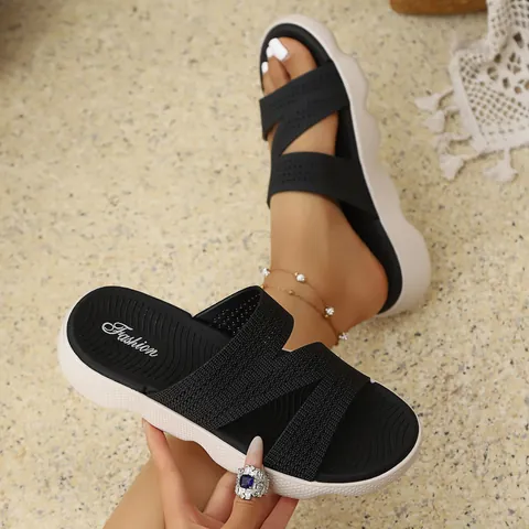 Women's Casual Flyknit Flat Slippers Platform H-type Lightweight Comfortable Beach Slides Fashion Outdoor Summer Shoes