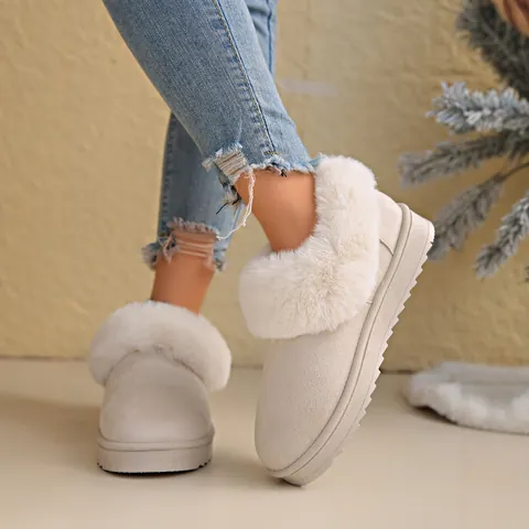 Women's Suede Snow Boots Faux Fur Collar Warm Lined Slip-On Flat Platform Winter Ankle Boots For Women Outdoor Casual Cotton Shoes