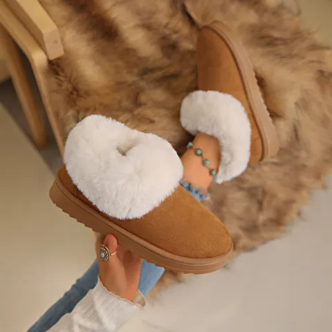 Women's Suede Snow Boots Faux Fur Collar Warm Lined Slip-On Flat Platform Winter Ankle Boots For Women Outdoor Casual Cotton Shoes