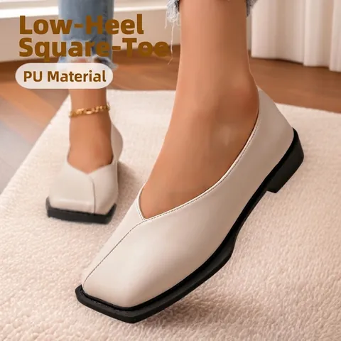 Women French Vintage Square Toe V-Neck Grandma Shoes Comfortable PU Leather Mary Jane Flat Shoes For Daily Casual Office