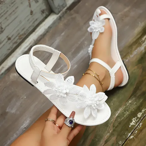 Women's Roman Style Flat Sandals With 3D Lace Flowers Large Size Toe Ring Beach Sandals Summer Vacation Casual Slides