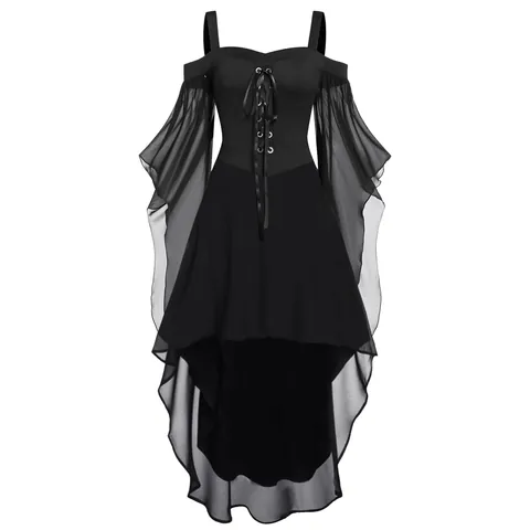Women Gothic Witch Costume Dress Irregular Patchwork Flared Sleeve Cold Shoulder Lace Up Maxi Dress For Halloween Renaissance Cosplay Party Retro Punk Robe