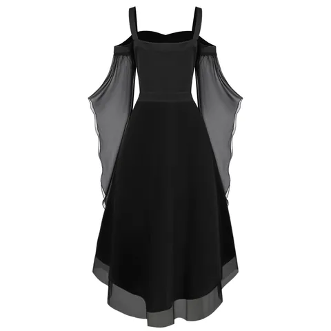 Women Gothic Witch Costume Dress Irregular Patchwork Flared Sleeve Cold Shoulder Lace Up Maxi Dress For Halloween Renaissance Cosplay Party Retro Punk Robe