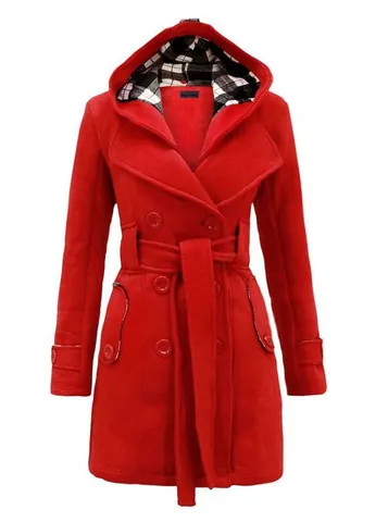 Women's Plaid Hooded Woolen Trench Coat Double Breasted Mid Length Outerwear With Belt Vintage Polyester Overcoat