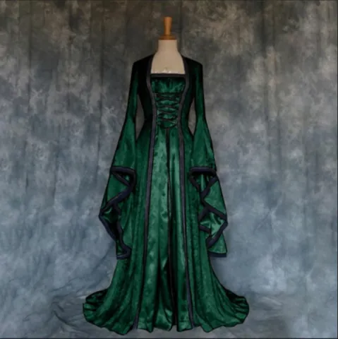Women Gothic Medieval Retro Trumpet Sleeve Princess Long Dress Victorian Dark Style Polyester Cosplay Costume