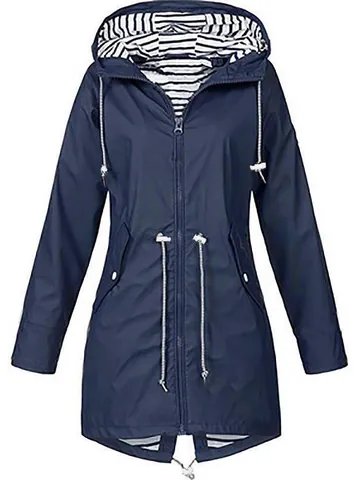 Women's Mid-Length Waterproof Hooded Outdoor Jacket Drawstring Waist Striped Lining Lightweight Raincoat Windbreaker