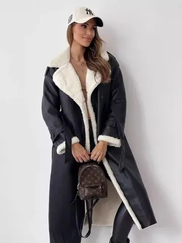 Women's Autumn Winter Maillard Style Long Coat Lapel Belted Faux Leather Sherpa Lined Outerwear Solid Color Commuter Jacket