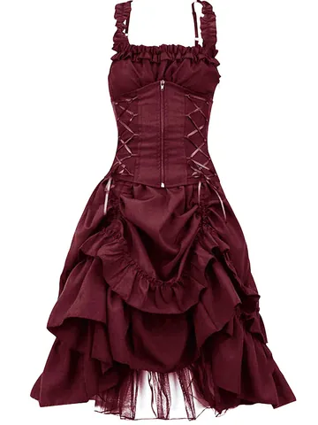 Women Gothic Lolita Dress Corset Irregular Hem Lace Ruffle Cosplay Prom Gown Retro Medieval Steampunk Party Dress