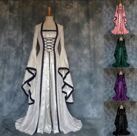 Women Gothic Medieval Retro Trumpet Sleeve Princess Long Dress Victorian Dark Style Polyester Cosplay Costume