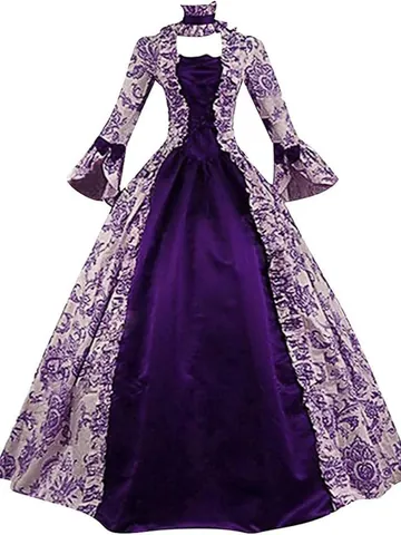 Women Medieval Renaissance Court Dress Vintage Victorian Gothic Bell Sleeve Patchwork Floor Length Gown Costume