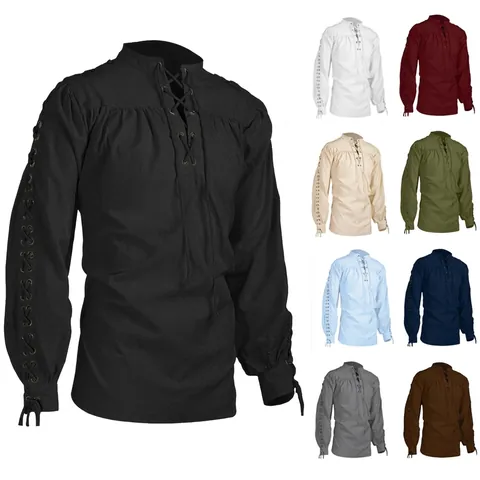 Chemise Médiévale Renaissance Homme Gothique Guerrier Pirate Laçage Manches Longues Polyester Rétro Viking Blouse Top