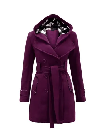 Women's Plaid Hooded Woolen Trench Coat Double Breasted Mid Length Outerwear With Belt Vintage Polyester Overcoat