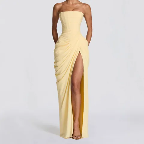 Robe Longue Sexy Sans Bretelles Pour Femmes Avec Fronces Et Fente Haute Robe De Soirée Élégante Couleur Unie Style Français Moulante