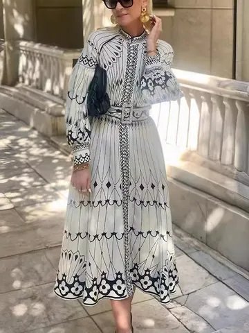 Women Palace Style Elegant Printed Dress Long Sleeve Belted Button Midi Dress Polyester Vintage Floral Party Wear