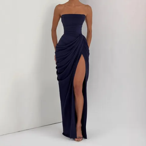 Robe Longue Sexy Sans Bretelles Pour Femmes Avec Fronces Et Fente Haute Robe De Soirée Élégante Couleur Unie Style Français Moulante