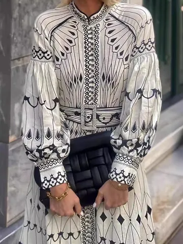 Women Palace Style Elegant Printed Dress Long Sleeve Belted Button Midi Dress Polyester Vintage Floral Party Wear