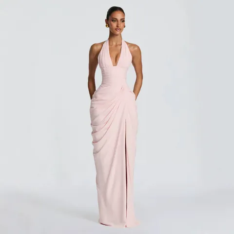 Women Halter V-Neck Ruched Evening Gown Sexy High Slit Sleeveless Maxi Dress For Party Banquet Summer Elegant Lady Clothing