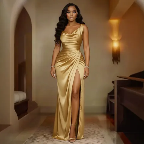 Women Elegant Satin Cowl Neck Sleeveless Evening Dress High Waist Side Split Slim Fit Banquet Maxi Party Gown