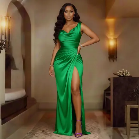 Women Elegant Satin Cowl Neck Sleeveless Evening Dress High Waist Side Split Slim Fit Banquet Maxi Party Gown
