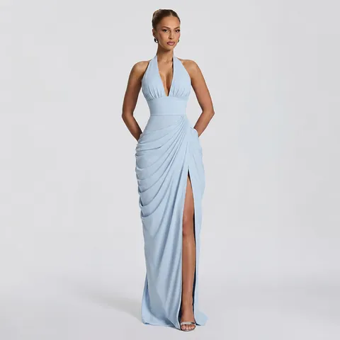 Women Halter Neck V-Neck Pleated Maxi Dress Sexy Backless High Slit Bodycon Evening Party Dress Sleeveless Solid Color Long Dress