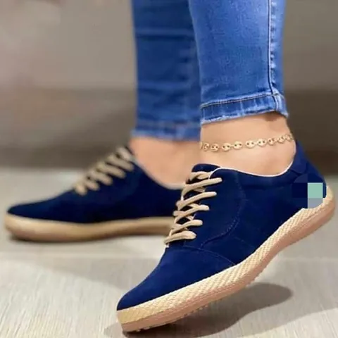 Women Casual Lace Up Shoes Large Size Flat Espadrilles Round Toe PU Rubber Sole Comfortable Walking Shoes